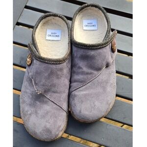 Earth Origins Women Gray Suede Faux Fur Lined Clogs Button Detail Mules